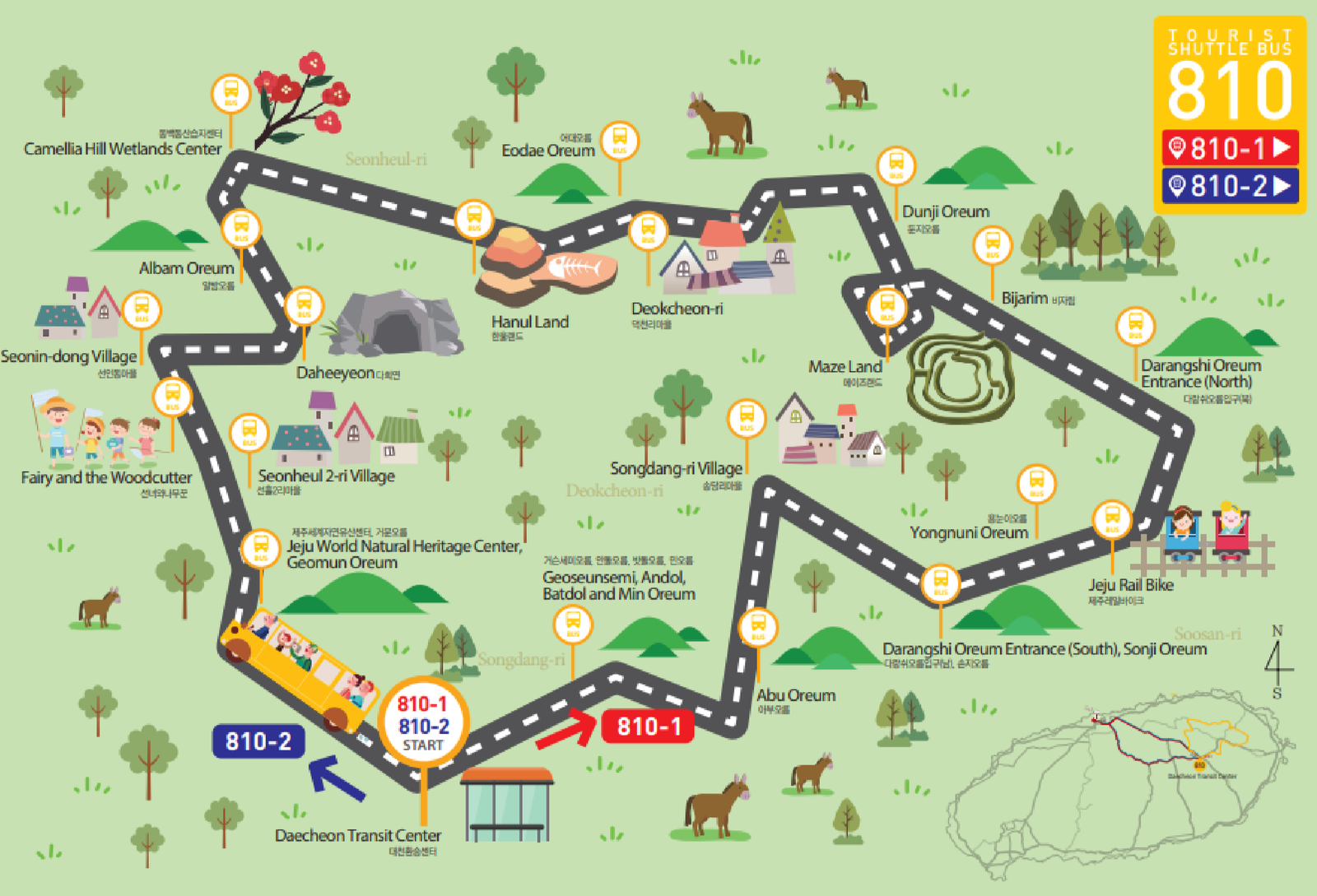 Jeju yellow bus, jeju tourist bus, jeju tourist shuttle, Jeju 810 bus, jeju 810 Eastern Jeju bus, Jeju 810 bus map